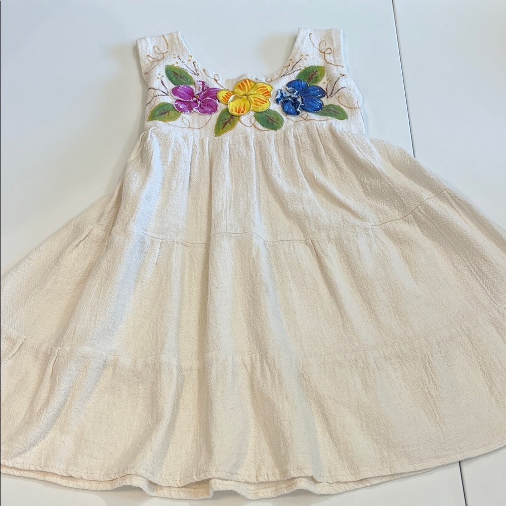 Spring-Summer flour‎ sack dress, hand-painted, floral appliquéd, 4T